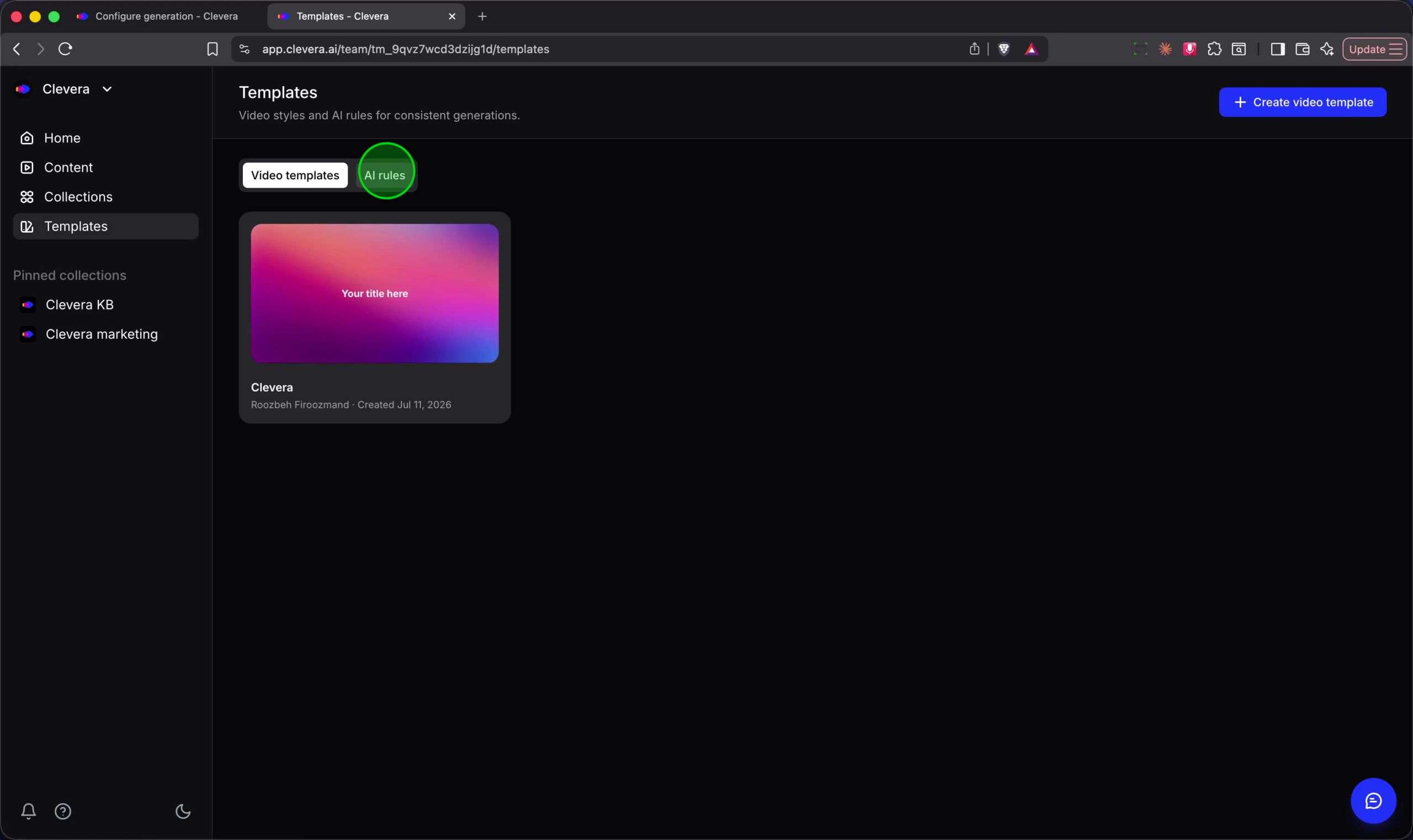 The Templates dashboard showing the option to create a new AI rules template or edit an existing one